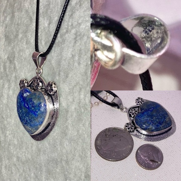 Ravishing Lapis Lazuli Gemstone Handmade Heart Halo Pendant Necklace - Picture 2 of 4